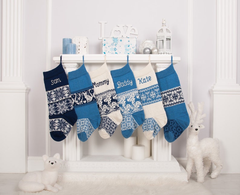 Blue Christmas Stockings with custom name embroidery, Personalized knit Christmas Stockings, Farmhouse decorations, Navy blue, Fair Isle image 1