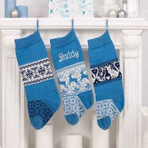 SET of 3 Personalized Christmas Stockings, White Blue, Knitted Christmas Stockings with handmade embroidery, Christmas decor, Christmas gift
