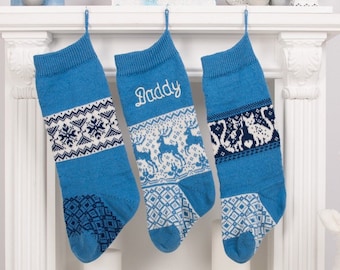 SET of 3 Personalized Christmas Stockings, White Blue, Knitted Christmas Stockings with handmade embroidery, Christmas decor, Christmas gift