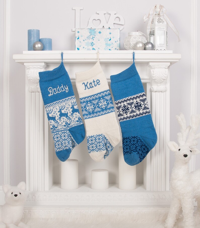Blue Christmas Stockings with custom name embroidery, Personalized knit Christmas Stockings, Farmhouse decorations, Navy blue, Fair Isle image 7