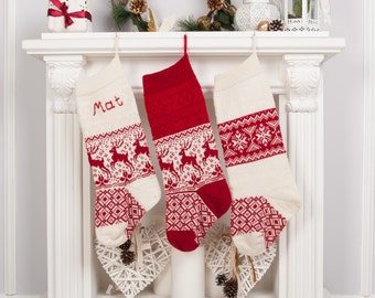 Knit Christmas Stockings, White Red Reindeer Knitted Christmas Stockings with handmade embroidery, personalised family stockings, custom