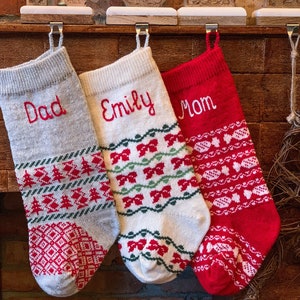 SET of 3 Personalized Christmas Stockings, White Red, Knitted Christmas Stockings with handmade embroidery, Christmas socks, Classic style