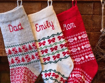 SET of 3 Personalized Christmas Stockings, White Red, Knitted Christmas Stockings with handmade embroidery, Christmas socks, Classic style