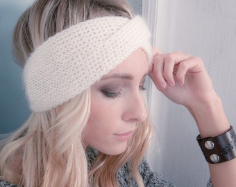 White twist headband, Mohair hand Knit turban, women’s Headband, Winter turban hat for women, Gift for teen, Stocking stuffer Fashion trend