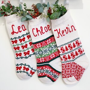 Personalized Christmas Stockings, Green Red White, wool Knit family Christmas Stockings personalised, Holiday stocking, Custom Knit Stocking