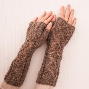 Latte winter fingerless gloves, Fingerless mittens, Womens fingerless gloves, Long Arm warmers Wrist Warmers Open work Gloves, Gift for teen