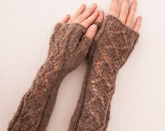 Latte winter fingerless gloves, Fingerless mittens, Womens fingerless gloves, Long Arm warmers Wrist Warmers Open work Gloves, Gift for teen