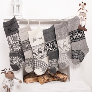 Personalized Christmas stockings, cottagecore Gray wool knit Christmas Stockings, custom fair isle family holidays stockings, Nordic pattern