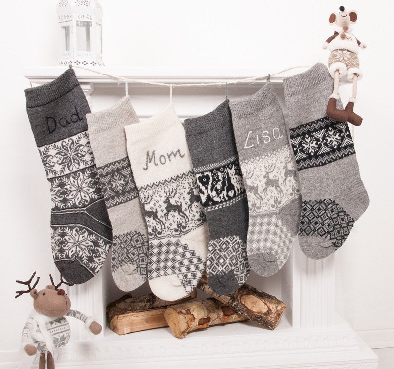 Personalized Christmas stockings, gray Christmas Stockings, Custom knit family stockings, Home xmas decor, Vintage holidays image 2