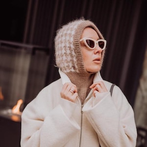 Cagoule en mohair à imprimé pied-de-poule, bonnet en laine beige, bonnet d'hiver, bonnet duveteux en tricot de mohair, casque chaud d'hiver, capote élégante après-ski