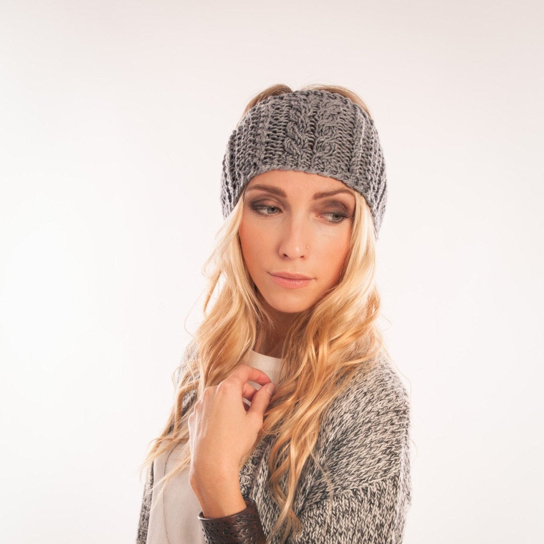 Wide Knit Grey Headband Ear Warmer Buttoned Headband Cable Pattern ...