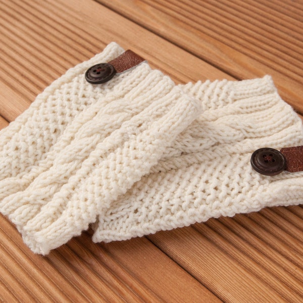 Cable Knit boot socks with leather and button, Womens boot cuff, UGG boot topper, Winter boot socks in Off-white, Gift for her, Womens socks