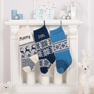 Blue Christmas Stockings with custom name embroidery, Personalized knit Christmas Stockings, Farmhouse decorations, Navy blue, Fair Isle image 4