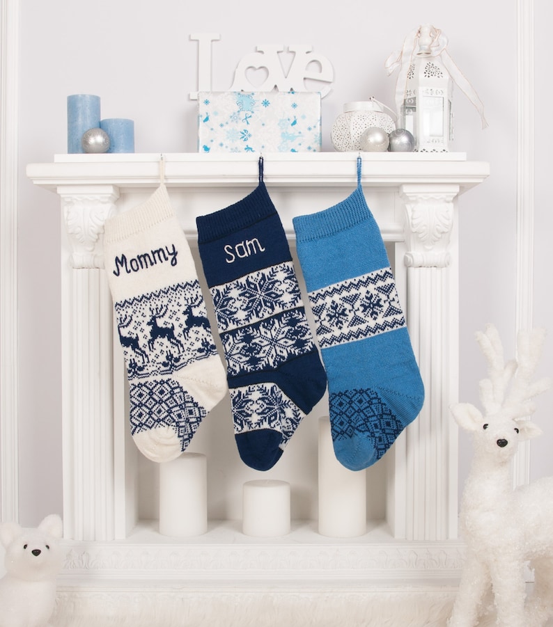 Blue Christmas Stockings with custom name embroidery, Personalized knit Christmas Stockings, Farmhouse decorations, Navy blue, Fair Isle image 4