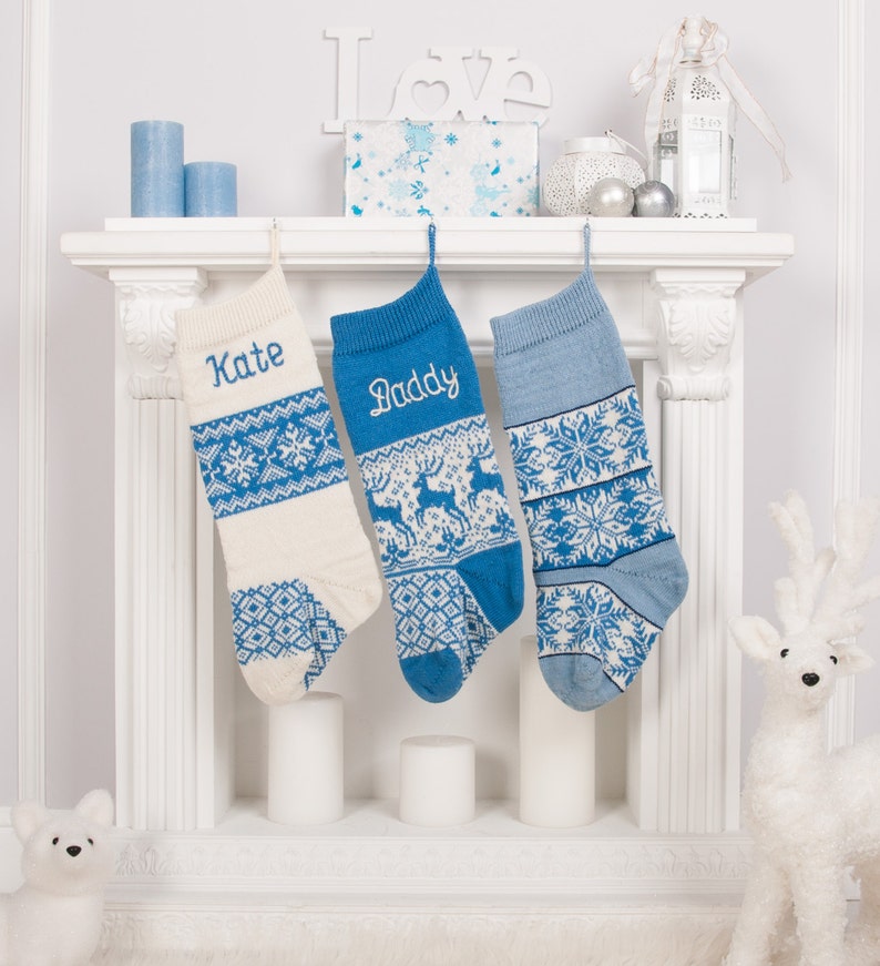 Blue Christmas Stockings with custom name embroidery, Personalized knit Christmas Stockings, Farmhouse decorations, Navy blue, Fair Isle image 3