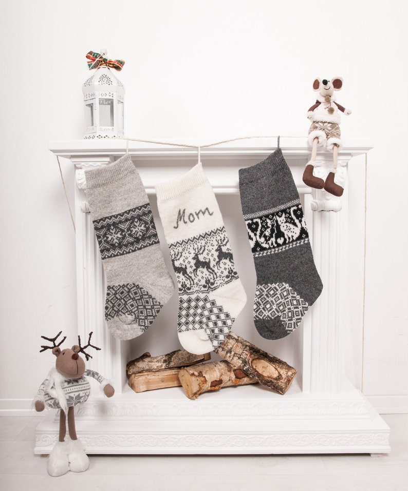 Personalized Christmas stockings, gray Christmas Stockings, Custom knit family stockings, Home xmas decor, Vintage holidays image 10