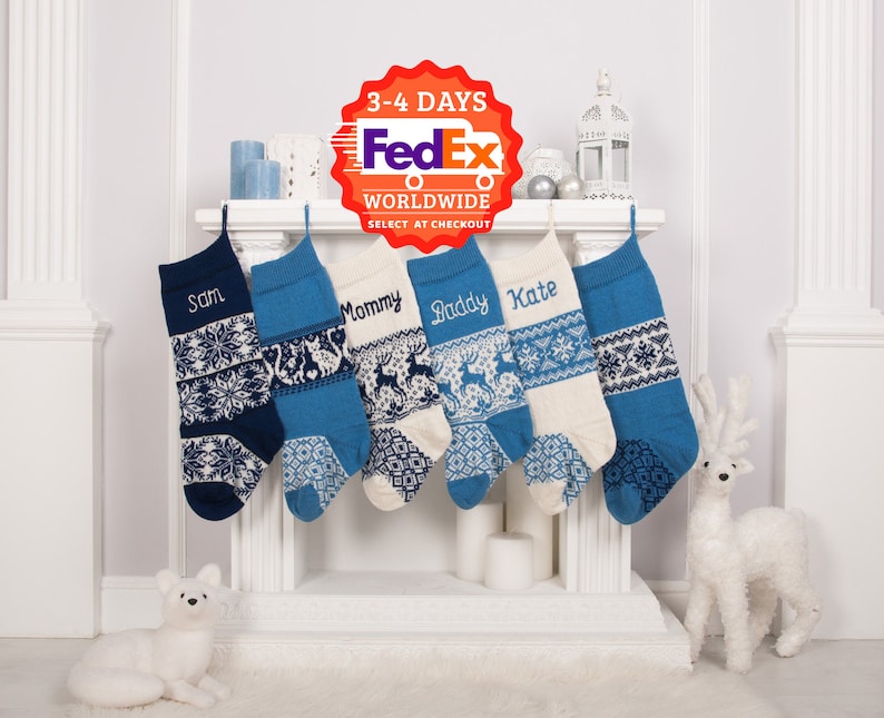 Blue Christmas Stockings with custom name embroidery, Personalized knit Christmas Stockings, Farmhouse decorations, Navy blue, Fair Isle image 2