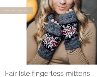 Fair Isle Snowflake Fingerless mittens knitting pattern, Nordic colorwork gloves, scandinavian jacquard mittens pdf instant download