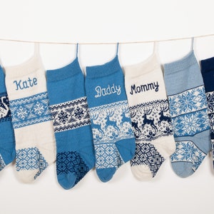 Blue Christmas Stockings with custom name embroidery, Personalized knit Christmas Stockings, Farmhouse decorations, Navy blue, Fair Isle image 9