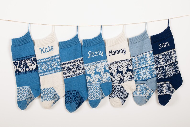 Blue Christmas Stockings with custom name embroidery, Personalized knit Christmas Stockings, Farmhouse decorations, Navy blue, Fair Isle image 9