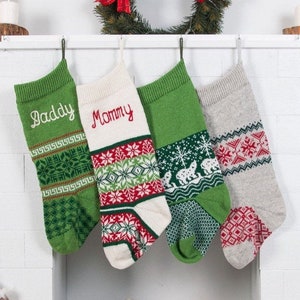 Traditional Christmas Stockings, Green Red White, Knit family Christmas Stockings personalized, Holiday stocking, Knit Stocking, hygge