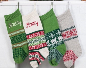 Traditional Christmas Stockings, Green Red White, Knit family Christmas Stockings personalized, Holiday stocking, Knit Stocking, hygge