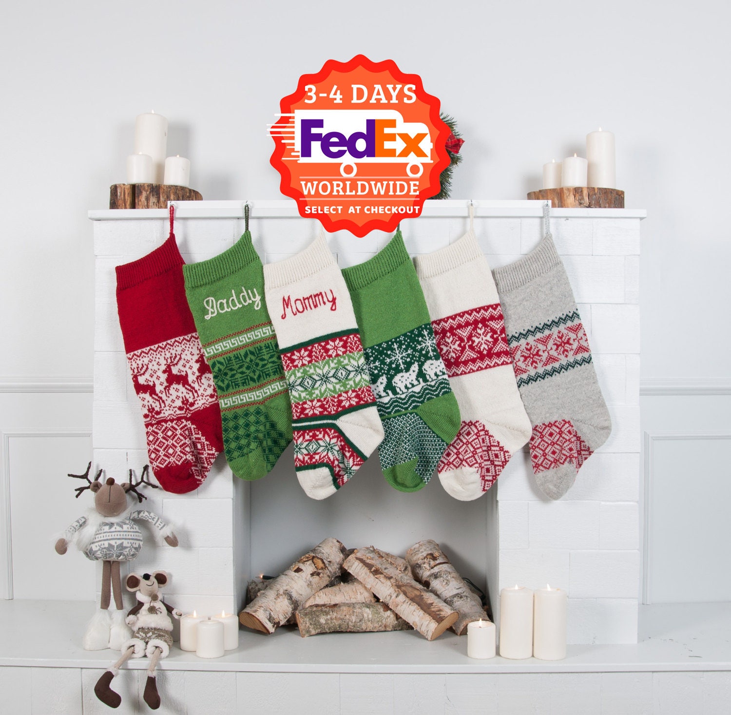 Tricot Bas de Noël Personnalisé, Monogrammé, Brodé Intarsia Fair Isle Nordic Modern Christmas Stocki