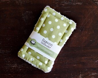 UnSponge - two zero waste reusable cotton sponges in green polka dot / sponge alternatives / washing up sponge / eco-friendly / plastic free