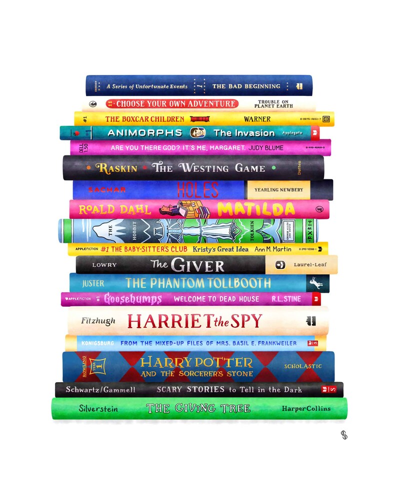 May include: A stack of colorful paperback books, including titles like "The Bad Beginning", "The Boxcar Children", "Animorphs", "The Westing Game", "Matilda", "The Giver", "Goosebumps", "Harriet the Spy", "Harry Potter and the Sorcerer's Stone", "Scary Stories to Tell in the Dark", and "The Giving Tree".
