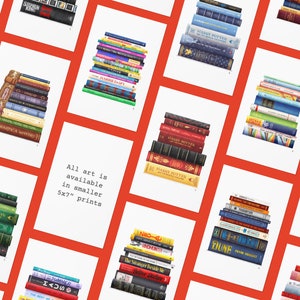 May include: A collage of 15 different stacks of books, each with a unique cover design. The stacks are arranged in a grid pattern on a red background. The text "All art is available in smaller 5x7" prints" is displayed in the center of the image.