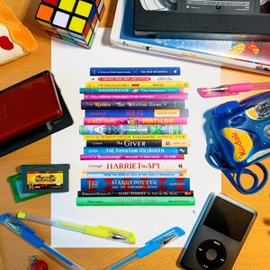 May include: A stack of popular children's books on a wooden table with a red Nintendo DS, a green Game Boy Advance, a blue and yellow disposable camera, a black and white Rubik's cube, a pizza slice, a white iPod, and two pink and blue pens.