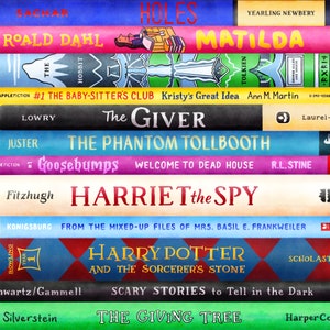 May include: A stack of popular children's books, including "Holes", "Matilda", "The Baby-Sitters Club", "The Giver", "The Phantom Tollbooth", "Goosebumps", "Harriet the Spy", "Harry Potter and the Sorcerer's Stone", "Scary Stories to Tell in the Dark", and "The Giving Tree".