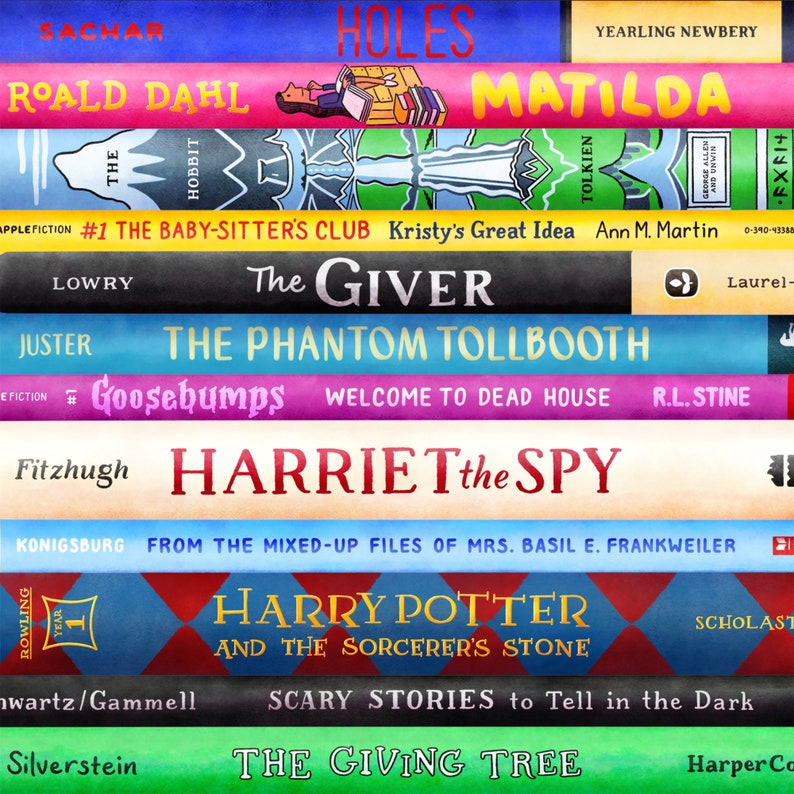 May include: A stack of popular children's books, including "Holes", "Matilda", "The Baby-Sitters Club", "The Giver", "The Phantom Tollbooth", "Goosebumps", "Harriet the Spy", "Harry Potter and the Sorcerer's Stone", "Scary Stories to Tell in the Dark", and "The Giving Tree".