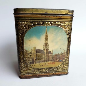 Vintage tin box with images of Brussels/Demaret cookie jar 1950-1974