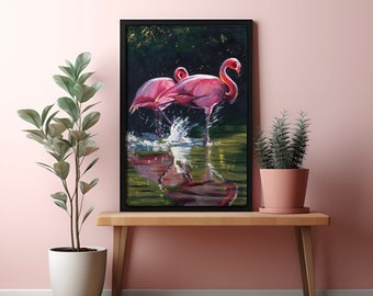 Roze flamingo's kunstafdruk, kunst schilderij