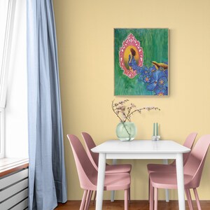 May include: A white dining table with four pink chairs, a vase of white flowers, and a framed painting of a woman in a blue dress with flowers on a green background. The wall is painted a light yellow color.