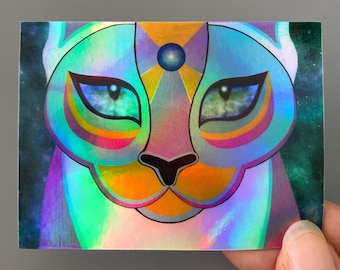 Holographic Cosmic Cat Sticker - Space Cat Sticker Third Eye Cat Waterproof Galaxy Cat Decal