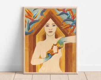 Yoga Print Yoga Art Meditation Art Spiritual Art Women Spiritual Wall Art Bird of Paradise Gaia Goddess Art Divine Feminine Art Boho Print