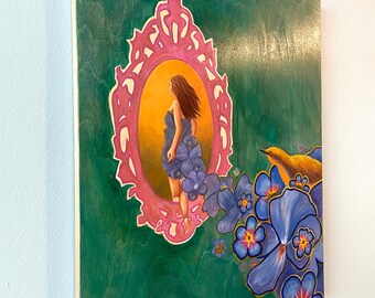 Boho Woman Floral Painting, Divine Feminine Art (16x20) Bohemian Goddess Artwork on Wood Panel