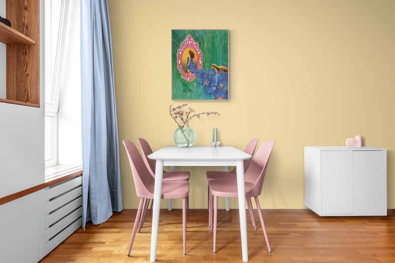 May include: A white dining table with four pink chairs, a vase of white flowers, and a framed painting of a woman in a blue dress with flowers on a green background. The wall is painted a light yellow color.
