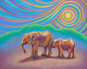 Colorful Elephant Print Rainbow Elephant Wall Art Baby Elephants Artwork Elephant Family Print Elephants Art Print Colourful Elephant Print