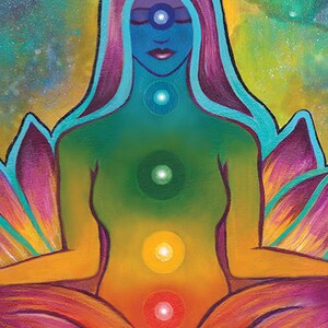 May include: A colorful painting of a person sitting in a lotus position with seven chakras represented by colored circles along the spine. The background is a galaxy of stars.