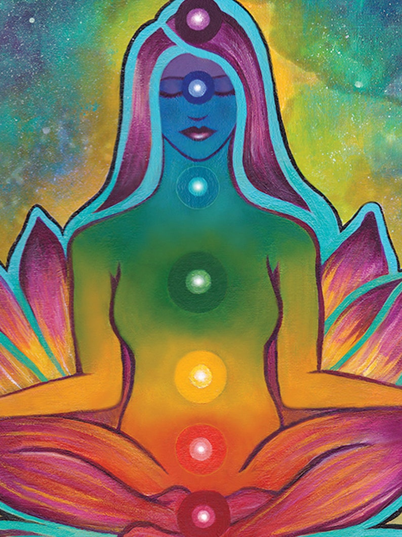 May include: A colorful painting of a person sitting in a lotus position with seven chakras represented by colored circles along the spine. The background is a galaxy of stars.