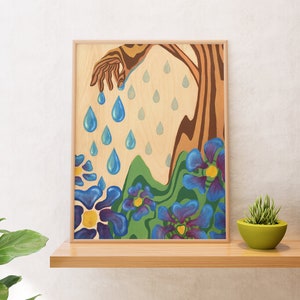 Puede incluir: Una ilustraci&oacute;n enmarcada de una mano que se extiende hacia abajo y libera gotas de lluvia azules sobre un paisaje estilizado con colinas verdes y flores moradas.