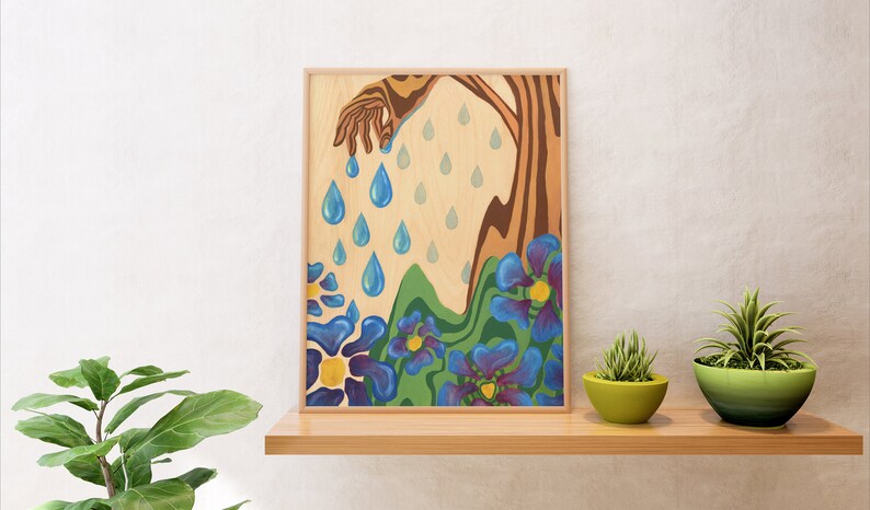 Puede incluir: Una ilustraci&oacute;n enmarcada de una mano que se extiende hacia abajo y libera gotas de lluvia azules sobre un paisaje estilizado con colinas verdes y flores moradas.