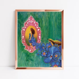 May include: A painting of a woman in a blue dress standing in a pink ornate mirror. The mirror is set against a green background with blue flowers and a small yellow bird.