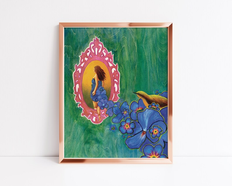 May include: A painting of a woman in a blue dress standing in a pink ornate mirror. The mirror is set against a green background with blue flowers and a small yellow bird.