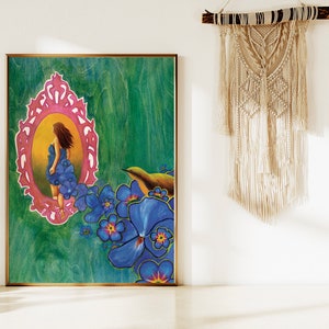 May include: A painting of a woman in a blue dress standing in a pink ornate frame, surrounded by blue flowers and a small bird. The background is a green and blue abstract design.