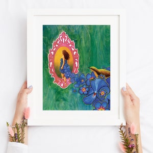 May include: A framed painting of a woman in a blue dress made of flowers, standing in a pink ornate mirror. The background is a green and brown textured surface with blue flowers and a yellow bird.