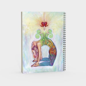 May include: A colorful illustration of a woman in a yoga pose, with a heart and swirling patterns above her head. The background is a soft yellow and blue.